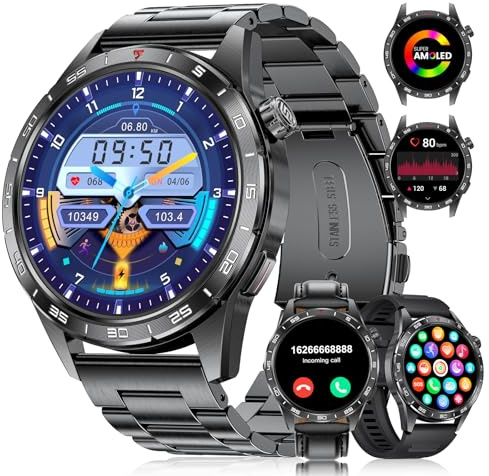 FITFLEX Smartwatch Herren mit Bluetooth Anrufen, 1.43 Zoll Amoled Touchscreen Smart Watch Herren mit Herzfrequenz/Schlaf/SpO2, IP68 Wasserdicht Fitnessuhr mit 120 Sportmodi, Android iOS, 3 Armbänder