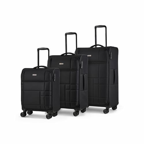 Rock Tokyo Set of 3 Soft Shell Suitcases in Black - Lightweight & Streamlined Design, 360 Swivel-Wheels & TSA Combination Lock - Small, Medium & Large