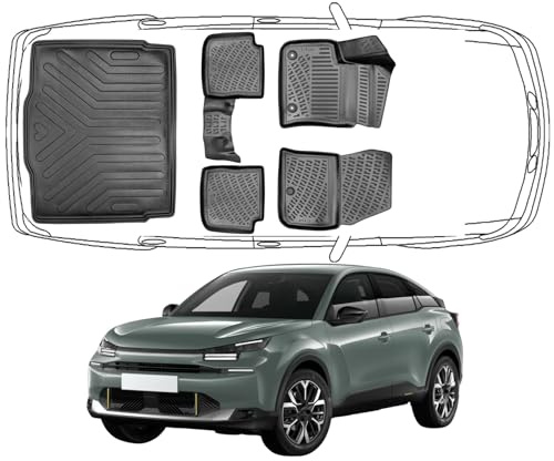 Trimak Alfombrillas 3D de ajuste perfecto y bandeja inferior para maletero, juego de accesorios de coche compatible con Citroen ë-C4 a partir de 2020, alfombrillas de goma, bandeja de maletero para