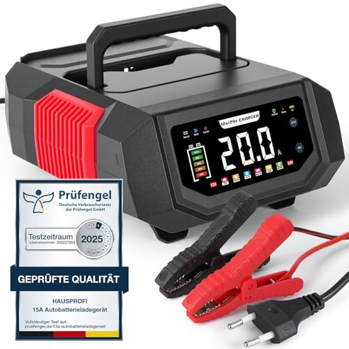 Cargador de batería de coche 12V/24V, HAUSPROFI 20A Cargador de batería inteligente para vehículos con corriente ajustable, carga de 9 etapas y modo de reparación para coche, moto, camiones