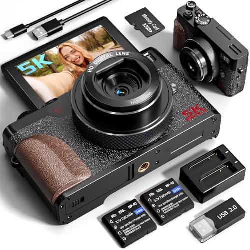Appareil Photo numérique 5K, 64MP caméra de vlogging, WiFi caméra de vlogging Youtube contrôlée par et Application, 18X Appareil Photo Compact avec Carte TF 32 Go, objectifs Grand-Angle et Macro