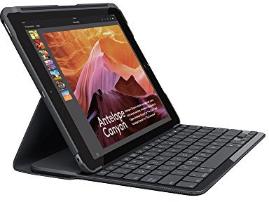 Logitech Slim Folio iPad-Hülle mit Kabelloser Bluetooth Tastatur, Fürs iPad der 5. Generation, Hintergrundbeleuchtete Tasten, 3 einstellbare Stufen, Spanisches QWERTY-Layout - Schwarz
