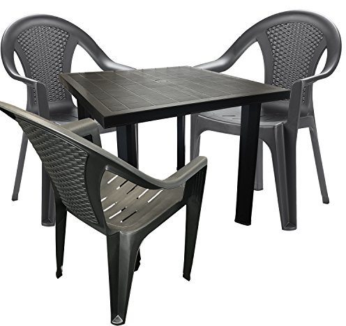 Mojawo® Bistrogarnitur 4-teilig Bistrotisch Kunststoff Eckig 80x75cm H72cm + 3 Stapelstühle Kunststoff Anthrazit