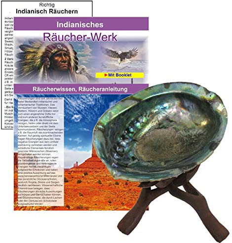 Räuchern Zubehör mit Räuchermuschel/Räucherschale aus Seeopal 12-14 cm + Dreibein Holzständer. 4-TLG Set mit Anleitung + Räucher Booklet. 81573