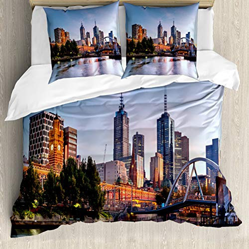 ABAKUHAUS Stadt Bettwäsche Set für Doppelbetten, Morgen Australien Fluss, Weicher Microfaserstoff Allegigeignet kein Verblassen, Orange Grün Hellblau