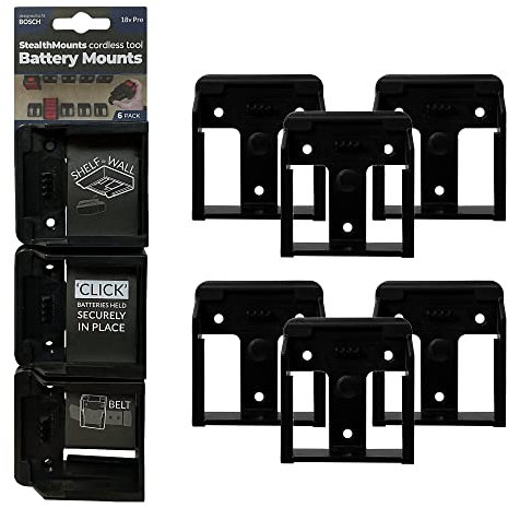 StealthMounts Supports de Batterie pour Bosch Professional 18v | Fixations de Batterie sans Fil pour Outils Bosch Professional 18v | Lot de 6 | Organisateurs de Batterie Noir pour Bosch 18v