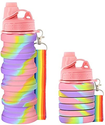 Newthinking Silicone Water Bottle for Kids, 500 ml Portable Collapsible Water Bottles, Leak Proof Silicone Drink Bottles with Lanyard Straps for Girls and Boys (Pink)