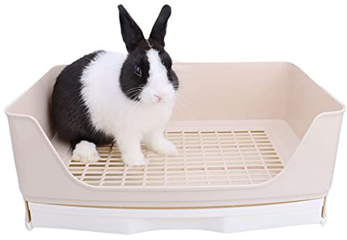 RUBYHOME Bac à litière surdimensionné pour lapin avec tiroir, avec grille d'apprentissage de la propreté, pour animaux de compagnie adultes, cochons d'Inde, chinchilla, petits animaux, 42,9 cm de long