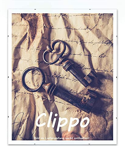 Clippo Deluxe Rahmenloser Bilderrahmen 40x55 cm Bildhalter im Sonderformat mit weißem Hintergrund und klarem Kunstglas