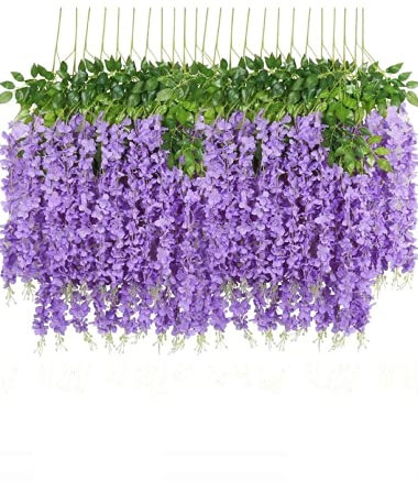 UNIQU 24 Stems Artificial Wisteria Vine - Hanging Silk Flowers Garland for Wedding Arch, Party, Home & Garden Decor - Fake Wisteria Flowers for Indoor Outdoor Decoration (Purple)