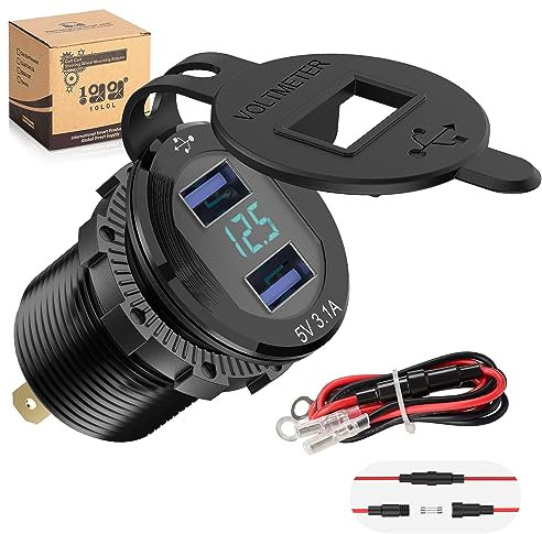 10L0L Golf Cart Quick Charge 3.1 Dual USB Charger,2 in 1 USB Ports & LED Display Voltage Meter Universal for Yamaha,Club Car,EZGO,Metal Shell Safe Charging Socket 9V-48V Wide Voltage Input
