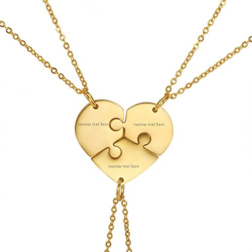 Cupimatch Freundschaftskette 3 Ketten für Freunde Familie, Personalisiert Liebe Herz Puzzle, Gold, glänzend