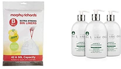 Morphy Richards 979003 Kitchen Bin Bag 42-50L Lemon Scented Drawstring Waste Bin Liners, 20 Pack, White & Baylis & Harding Jasmine and Apple Blossom Anti-Bacterial Hand Wash, 500 ml (Pack of 3)