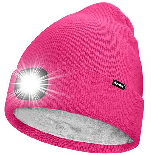 ATNKE LED Mütze mit Licht,Wiederaufladbare USB 4 LED Beleuchtete Laufmütze Extrem Heller Lampe Winter Warme Gefüttertes Fleece Stricken Mütze für Herren und Damen Geschenke/Rose Red