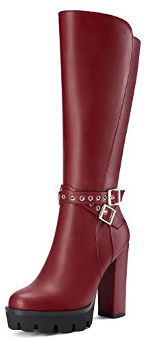 Castamere Donna Chunky Blocco Alto High Tacco Heel Chiusa Rotonda Punta Metà polpaccio Cerniera Fibbia Ufficio Classico Stivali Borgogna Rosso 44 EU