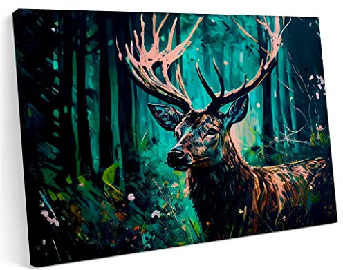 Printonia Bilder Leinwandbild 120x80cm Hirsche Hirsche Wald Natur Bäume dunkel abstrakt Tiere Kunst Art.-Nr