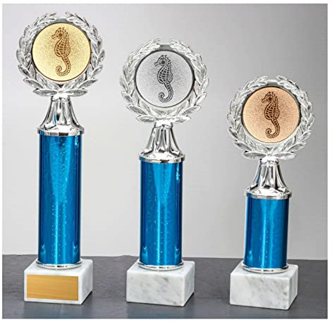 eberin – Seepferdchen Pokal in 3 Größen: Trophäe und Award für Schwimmabzeichen, Frühschwimmer, Anfängerschwimmen – Schwerer Sockel, mit/ohne Gravur