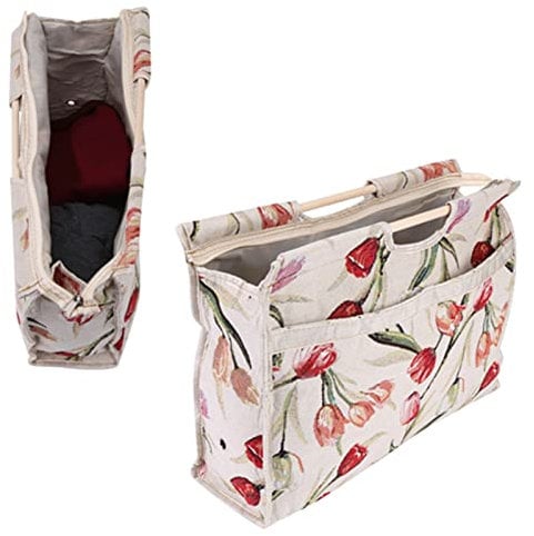 Knitting Tote Bag, Exquisite Practical Wood Handle Woven Fabric Storage Bag Water-Resistant, Large Capacity, for Knitting Needles Sewing Tools(Rose)