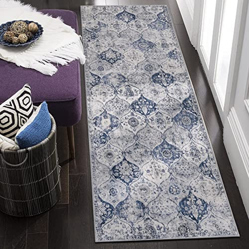 Lahome Moroccan Trellis Washable Runner Rug, 2x6 Kitchen Runners for Hallways 6 Feet Non Slip, Vintage Laundry Room Rug Ultra-Thin Long Carpet for Bathroom Bedroom Entryway, White/Royal Blue
