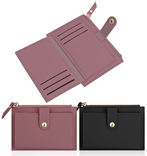 Anseom 2 Portefeuille Femme en PU Cuir, Porte Carte de Credit, Porte Carte Slim avec Poche Zippée, Petit Porte Monnaie avec 6 Emplacements de Carte, Portefeuilles pour Femme (Black + Light Red)