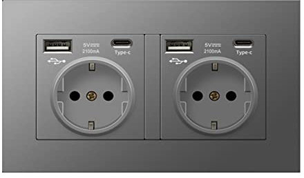 MENAYODA Gla - Enchufe Schuko con puertos USB y tipo C, enchufe de pared, empotrable, protección de contacto, enchufe de pared (2 CA + 2 USB + 2 Type-C, gris)