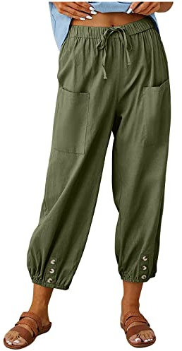 Leinenhose Damen 7/8 Lang Sommerhose Baumwolle Leinen Freizeithose Lässige Einfarbig Stoffhose Casual Loose Fit Strandhose mit Taschen Yogahose Elastische Taille Haremshose Caprihose