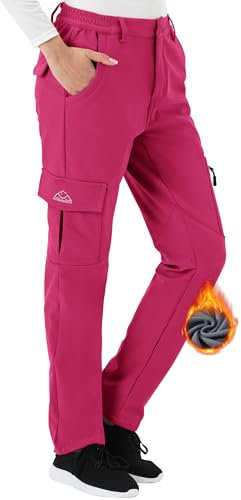 Rdruko Pantalon softshell imperméable pour femme avec doublure en polaire chaude pour la marche, la randonnée, le ski, le travail en plein air, rose rouge, M