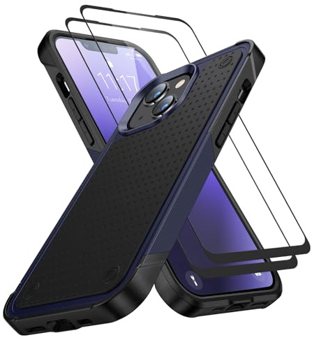 Jeylly for iPhone 15 Case, iPhone 15 6.1'' Phone Case with [2 Pack] Tempered Glass Screen Protector, Heavy Duty Shockproof Slim Fit Phone Cover for Women Men, Blue