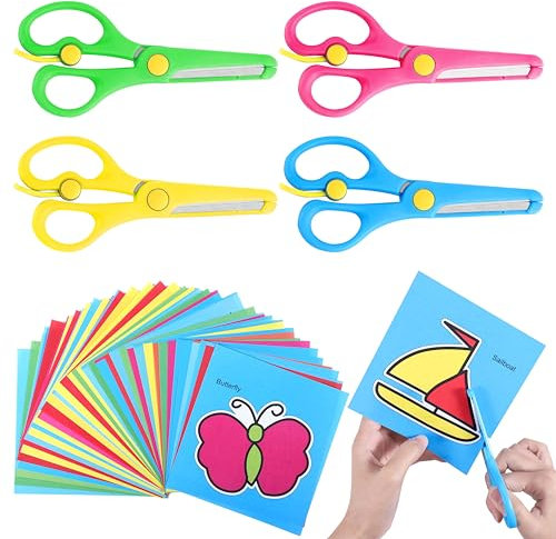 4 Pcs Kids Scissors with 93 Colorful Animal Paper-Cuts, Childrens Safety Stainless Steel Scissors Safety Edge Plus Stretch Design Right/Left Handed