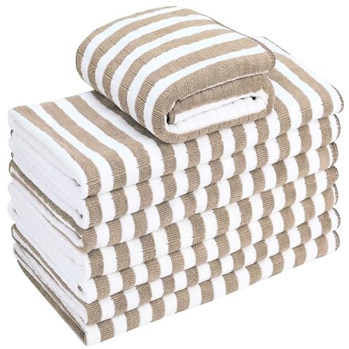 gryeer 8er-Set Microfaser Geschirrtücher, super saugfähig, weich und dick Küchentücher,Überprüfen Sie entworfen mit hängenden Schleifen, 65 x 45 cm, Khaki