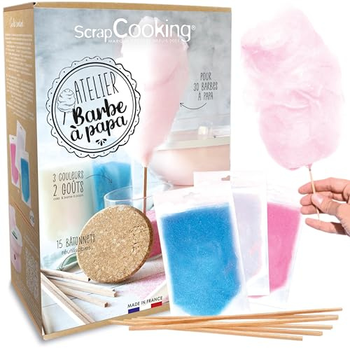 ScrapCooking - Kit Atelier Barbe à Papa - Avec 3 Préparations Sucre & 15 Bâtonnets - Saveur Cola & Barbe à Papa - Pour Machine- 3792