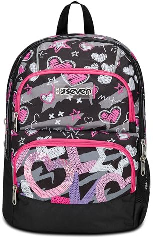 Seven Zaino Scuola Adavanced Pockets, Nero Fucsia,Draft Heart, Zaino Doppio Scomparto Multi Tasche, Con Tasca Porta PC, Tasca Porta Borraccia e Organizer, Zaino Medie e Superiori, Bambina Ragazza