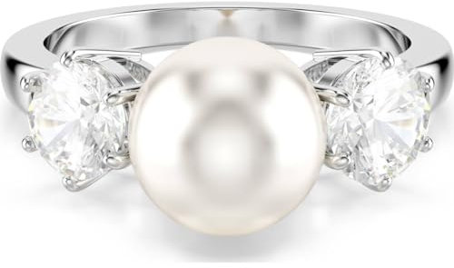 Swarovski Matrix Cocktailring, Weißer, Rhodinierter Ring mit Kristallperle und Strahlenden Kristallen im Rundschliff