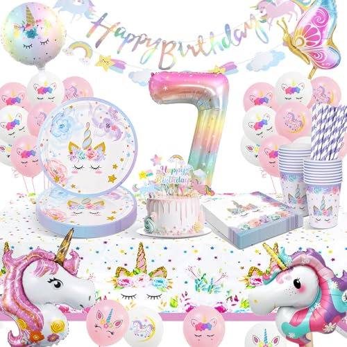 KQMGJYB Vajilla para Fiesta de Unicornio 7 Años,Juego de Vajilla Fiesta, Unicornio Decoracion Cumpleaños Unicornio Incluye Platos Taza Servilletas Para Fiesta de Cumpleaños Unicornio (16 Invitados)