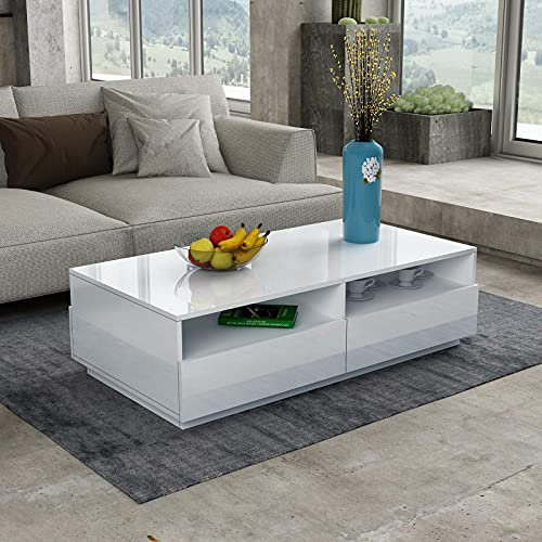Couchtisch mit 4 Schubladen 2 Offene Fächer All Hochglanz Kaffeetisch Couchtisch mit Lagerung Rechteck Wohnzimmermöbel 85x55x35cm - Weiß