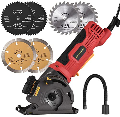 580W 3700RPM Mini Circular Saw Corded 4.8 Amp Electric Compact Circular Saw with Laser Guide Scale Ruler Vacuum Port 6 Blades for Cutting Wood Tile Plastic Soft Metal