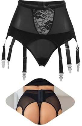 ohmydear Lace Suspenders Belt for Stockings High Waisted Sexy Lingerie Set | Soft Lace Mesh Garter Belt with Boning Support, 6 Wide Straps & Study Metal Clips, Fits Uk 10-18 for Date Night & Wedding