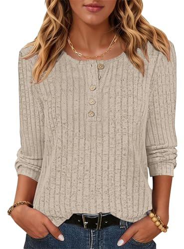 WNEEDU Women Long Sleeve Tops Ladies Lightweight Jumpers Button Down Puff Sleeve Round Neck Sweatshirt Tunic Pullover