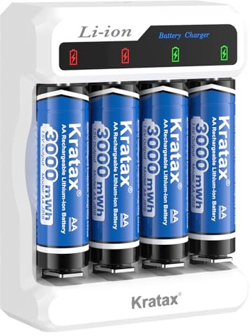 Kratax 1.5V AA Rechargeable Lithium Batteries 4Pack with Voice Charger - 3000mWh High Capacity Constant Output Rechargeable AA Battery,1600 Cycles Long-Lasting Li-ion Double aa Size,Max 3.8A Discharge