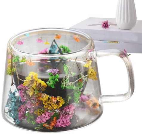 Tazze da caffè in vetro - Tazze in vetro doppia parete, tazza per acqua trasparente | Bicchieri con fiori secchi trasparenti resistenti al calore con fiori, tazze da caffè leggere in vetro doppia