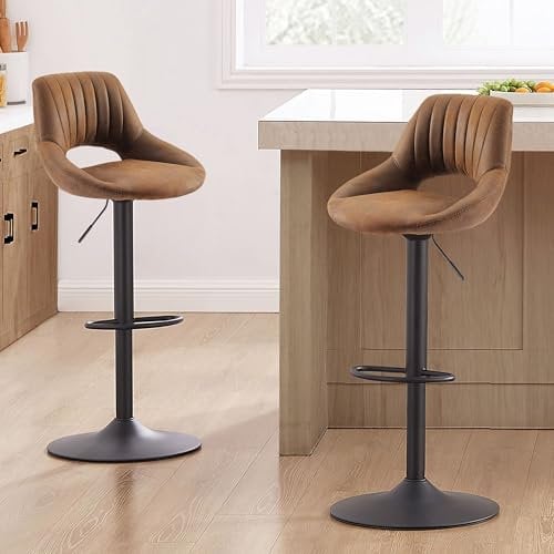 Zouron Barhocker 2er Set Höhenverstellbar - Gepolsterter Braun Drehhocker mit Luftheber Design, Kunstleder Barstuhl mit Lehne Küchen, Höhenverstellbar Sitzhöhe 60-81 cm