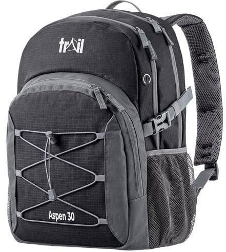 Trail Aspen 30L Day Pack Backpack for School Work Hiking Camping Travelling, Breathable Padded Back & Straps, 3 Zip Compartments, Internal Pockets, Bungee Cords, USB/Headphone Port, Water Resistant