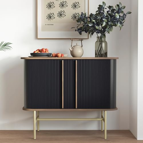 roomfitters Sideboard Buffet Schrank mit Schiebetüren, Mid-Century Modern Credenza mit 2 Rollladentüren, Minimalistischer Akzent-Schrankschrank für Wohnzimmer, Medienkonsole mit Stauraum, Nussbaum