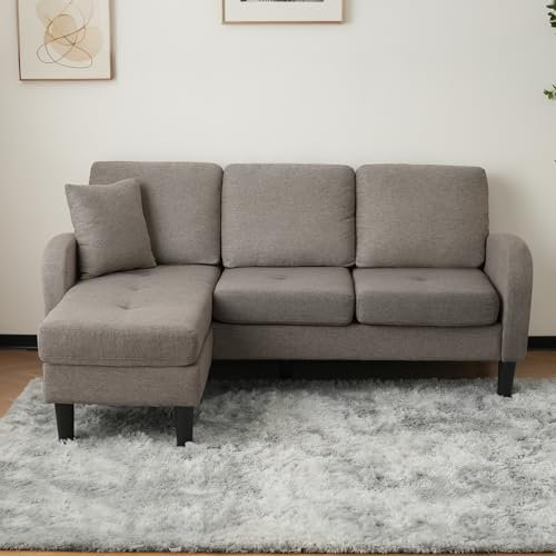 Merax Ecksofa 166L x 118B x 77H cm, Sofa L-Form mit Ottoman, Couch mit Kunststoffbeine, Leinenstoff, Dunkelgrau