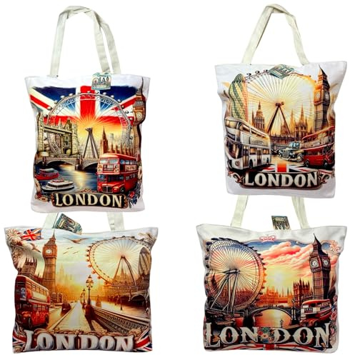 London Souvenir-Tasche – Union Jack Canvas-Tragetasche – wiederverwendbare Baumwoll-Handschultertasche, 4 x Mix London Taschen, Normal size