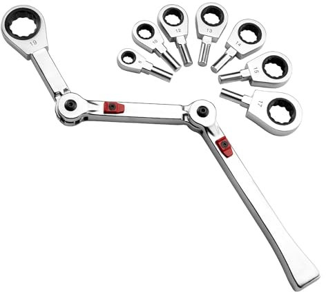 Roamwild Exo-Fit 9-Piece Ratchet Wrench Set, 34-Position Articulating Handle, 90-Tooth Swing Gear, Chrome Plated, Durable Storage Case