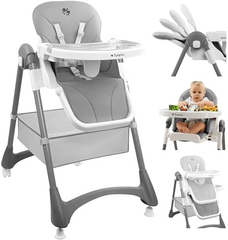Tulano Morsel 30 Hochstuhl Baby, höhenverstellbar, klappbar, mit Tablett, 5-Punkt-Gurt, abnehmbares Tablett spülmaschinenfest, für Babys ab 6 Monate, Kinderhochstuhl Grau