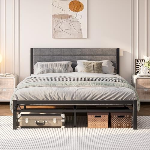 JUISSANO Bett 140x200 mit Lattenrost,Metallbett Bettgestell aus Metall,Polsterbett 140x200 cm Doppelbett,Bettrahmen mit Kopfteil,Gästebett Kein Boxspringbett Erforderlich,Einfache Montage,Grau