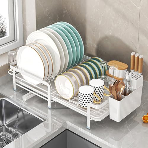YunNasi Escurridor de Platos Extensible Organizador de Cubiertos y Ollas para Fregadero Ideal para Cocinas Pequeñas, 35-55 x 32 x 12 cm (Blanco)