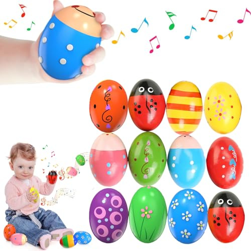 Norhogo 12 Stück Holz Eier Maracas Eier Shaker Set, Osterei Maracas | Percussion Musical Easter Maracas Egg Shakers, rasseleier baby, eier rasseln, musikeier für Babys und Kleinkinder Spielgeräte